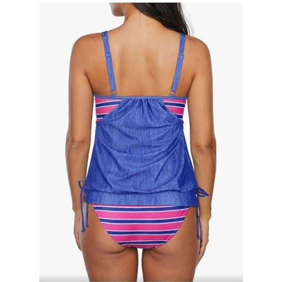 Womens Blue/Pink Tankini Swimsuit With Striped Bikini Bottoms XXL Swimwear Beach - Picture 2 of 13